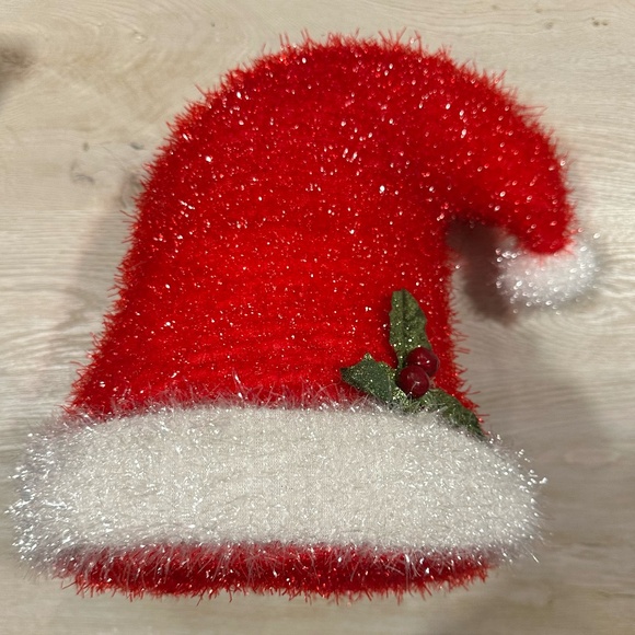 Christmas Tree Topper Santa Hat Tree Topper I 10" x 12" I Tinsel & Holly Detail - Picture 1 of 5